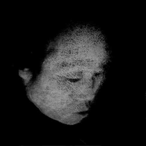 Black and white textured portrait of a person’s face.