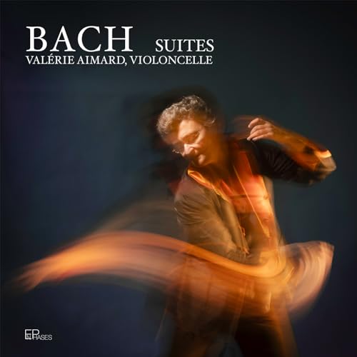 CD cover featuring cellist Valérie Aimard in motion, playing Bach suites.