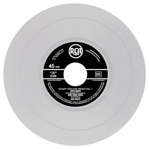Black and white RCA 45 RPM vinyl record label with Elvis Presley text.