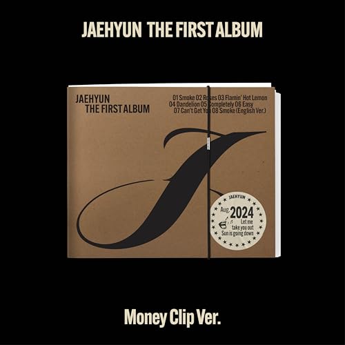 Jaehyun’s album cover: brown background with a black “j” and release date sticker.