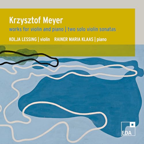 CD cover for Krzysztof Meyer’s violin sonatas, featuring abstract blue shapes.