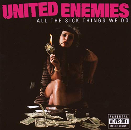 CD cover: woman with lit goblet, money, dark background, pink text.