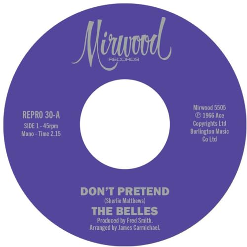 Blue vinyl record label for The Belles' "Don't Pretend," with text details.