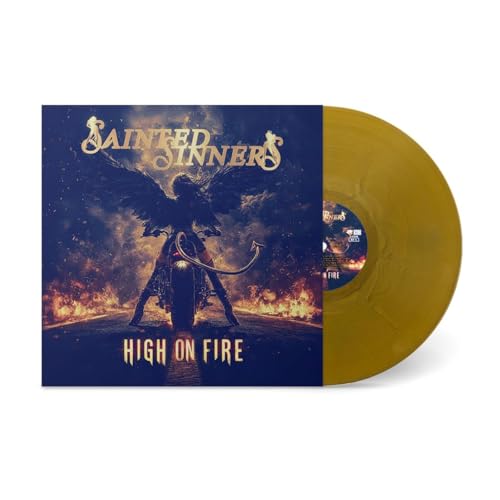 Vinyl record of Sainted Sinners’ “High On Fire” with angelic, fiery cover art.