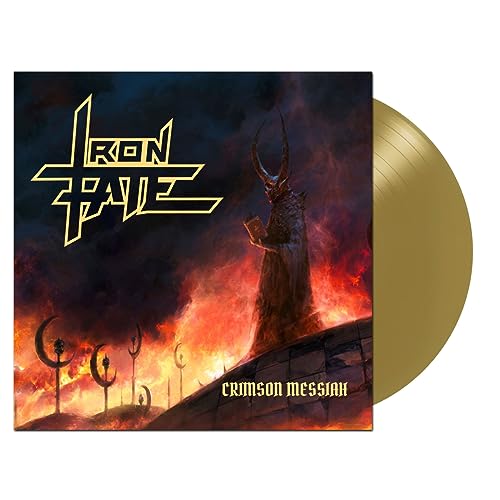Iron Fate album cover with a horned figure and gold vinyl record.