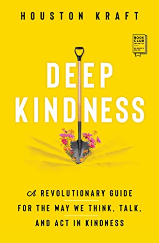 Yellow book cover with white text and a shovel with flowers.