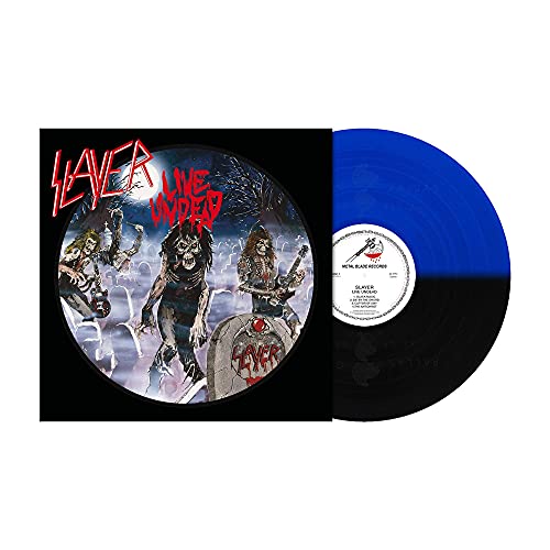 Slayer Live Undead album cover and a blue and black split colored vinyl record.