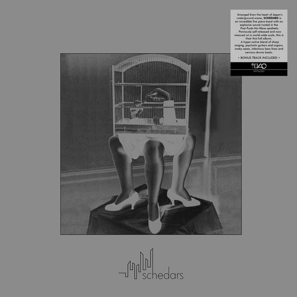 Black and white vinyl record cover featuring a person with a birdcage.