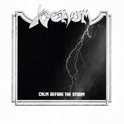 Venom album cover: black background with lightning and silver logo.