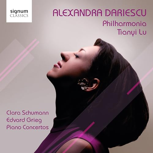 CD cover featuring pianist Alexandra Dariescu in profile, pink and purple tones.