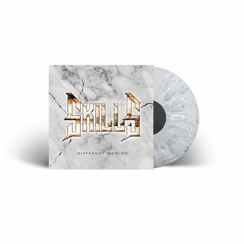 Vinyl record with white marble effect, featuring the band name "Skills".