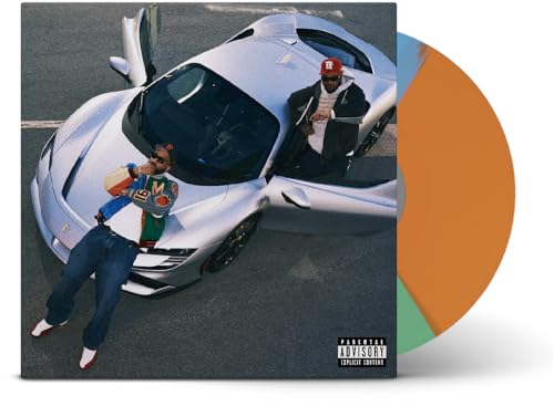 Album cover featuring two men with a silver sports car and vinyl record.
