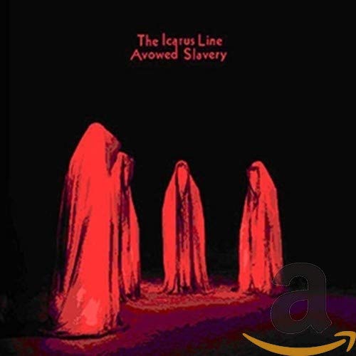Three figures in red hooded robes stand against a dark black background.