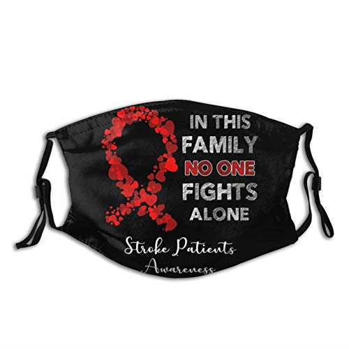Black face mask with a red ribbon and text about stroke awareness.