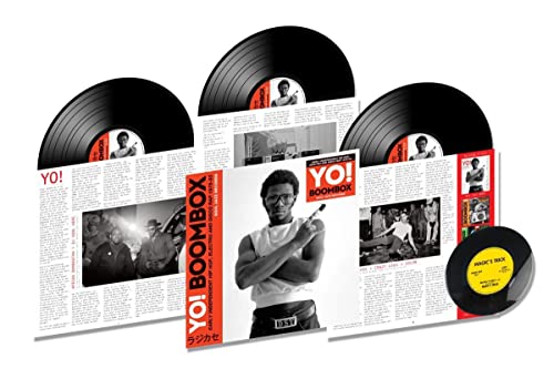 Three vinyl records and album artwork featuring a man with a boombox.