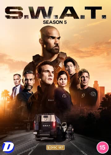 DVD cover art for S.W.A.T. Season 5 featuring the cast against a sunset city background.