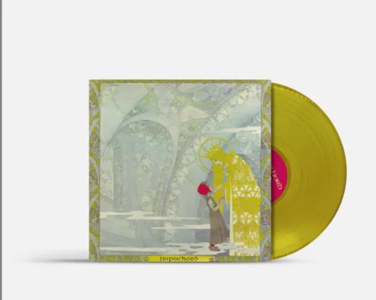 Translucent yellow vinyl record with illustrated album cover featuring figures.