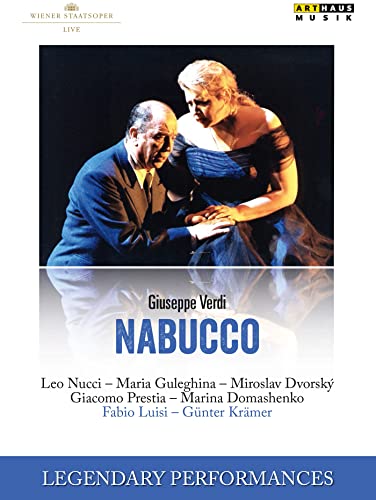 DVD cover for Verdi’s Nabucco opera featuring two singers in costume.