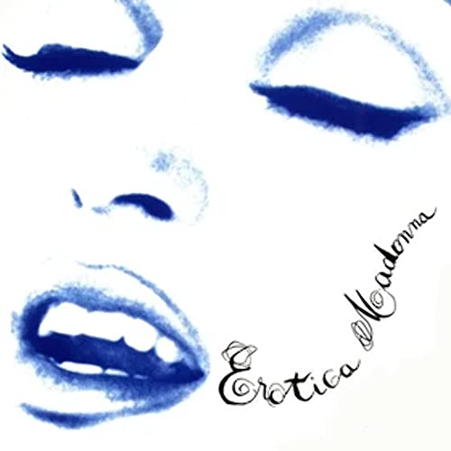 Blue-toned abstract album cover for Madonna’s “Erotica” featuring lips and eyes.