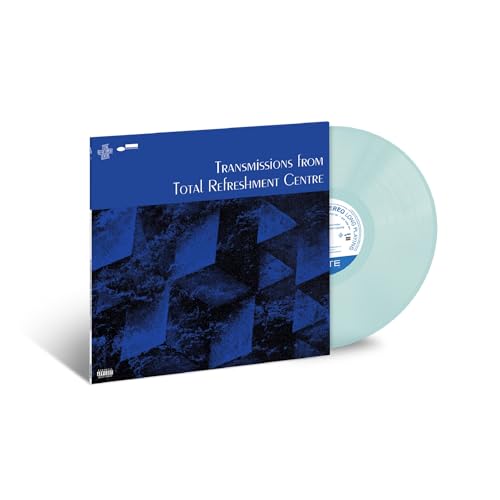 Blue vinyl record and album cover with geometric dark blue design.