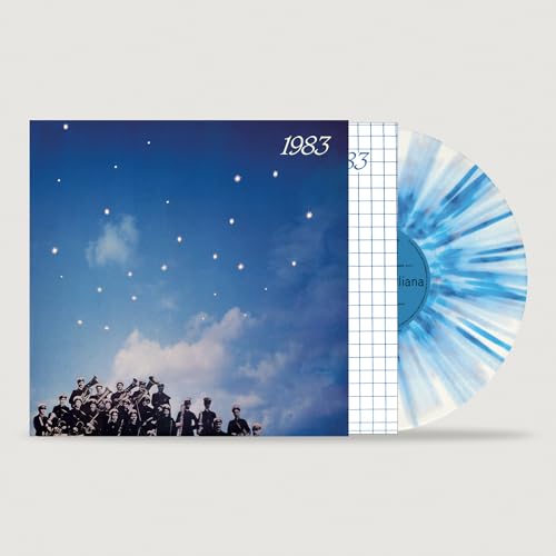 1983 album cover and blue-white splatter vinyl record shown together.