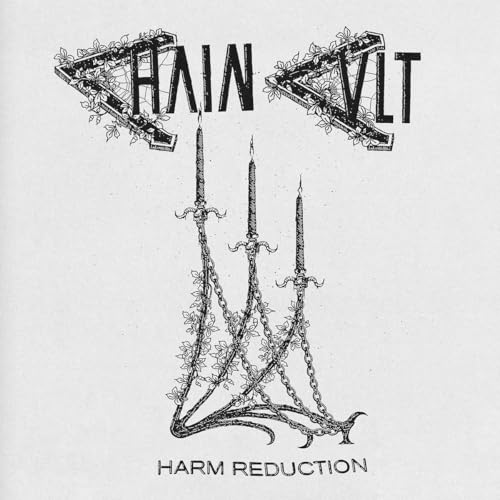 Black and white sketch of candles entwined with chains and text.