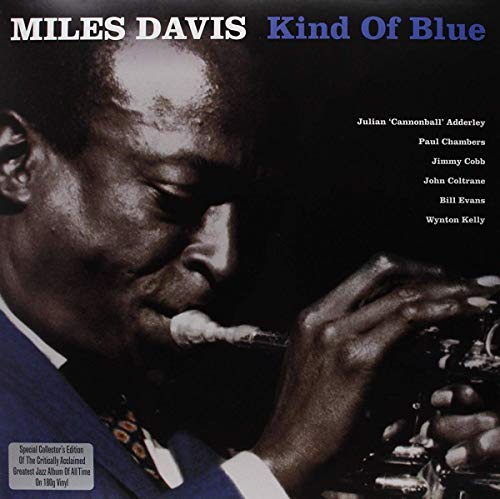 Album cover for Miles Davis’ “Kind Of Blue” featuring Davis playing trumpet.