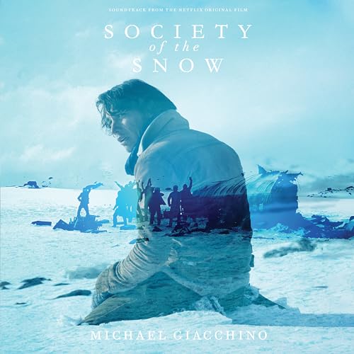 Society of the Snow" soundtrack vinyl cover with snowy mountain landscape.