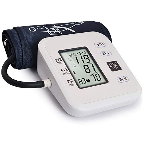 Digital blood pressure monitor with inflated cuff and numeric display.