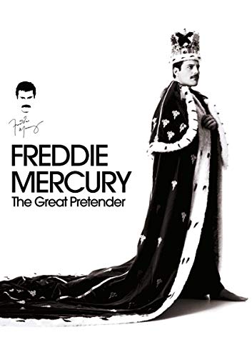 Freddie Mercury in regal attire, DVD cover art, black and white.