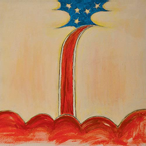 Album cover with a red cascade and blue stars on beige.