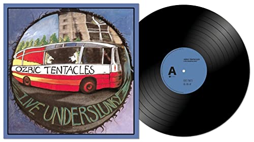 Ozric Tentacles vinyl record with painted bus cover art and black disc.
