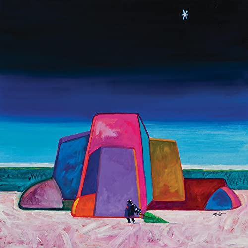 Colorful abstract painting of buildings, a figure, and a starry night.