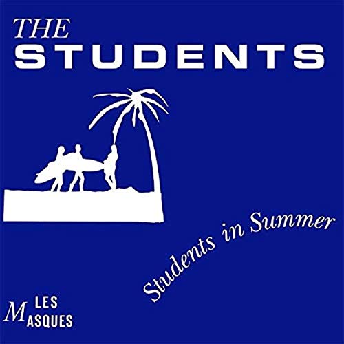 Blue album cover with white silhouettes of palm tree and surfers.