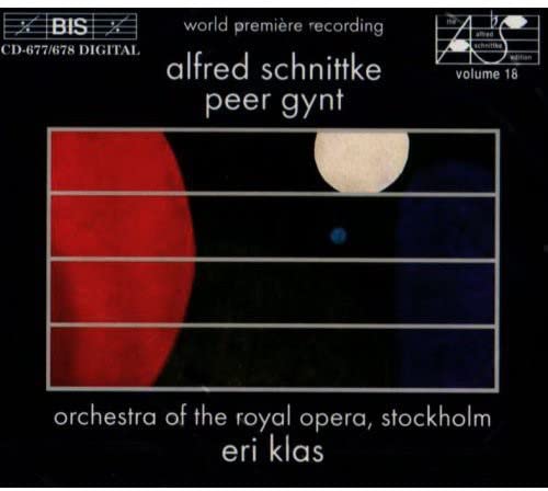 CD cover for Alfred Schnittke’s “Peer Gynt” with abstract red and blue shapes.