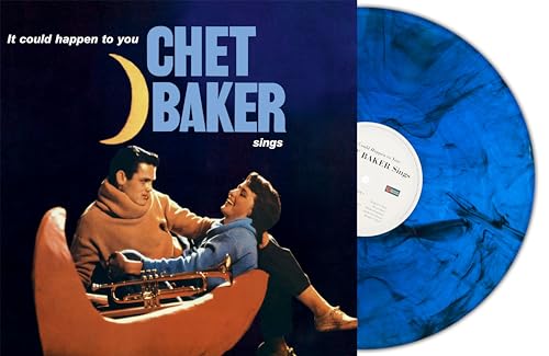 Chet Baker album cover and blue marble vinyl record shown.