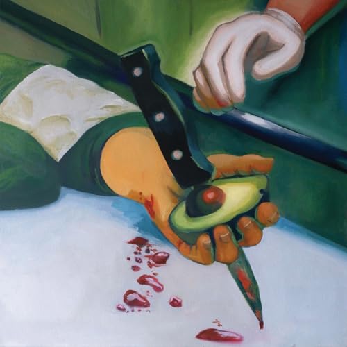 Painting of a hand holding an avocado being cut with a knife.