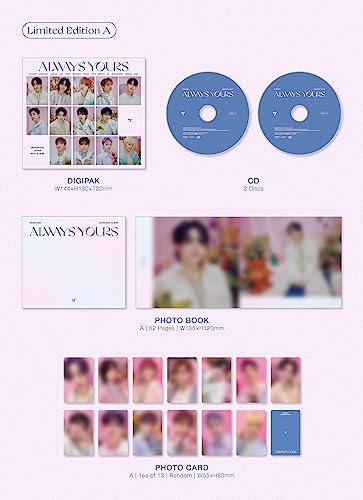 SEVENTEEN album contents: CDs, photobook, digipak, and photo cards displayed.