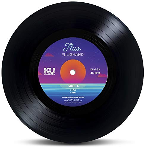 Black vinyl record with a colorful label featuring text and mountain graphics.