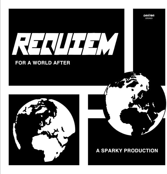 Vinyl record cover: black and white with text "REQUIEM" and Earth imagery.