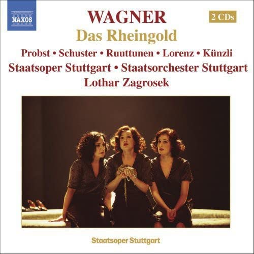 CD cover for Wagner’s *Das Rheingold* featuring three singers.