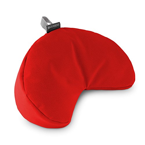 Red U-shaped travel pillow with a grey handle and "HAPPERS" label.