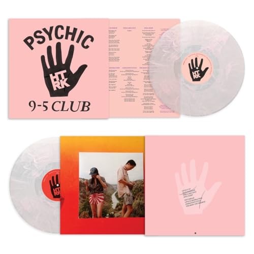 Psychic 9-5 Club" vinyl record with pink cover art and tracklist insert.