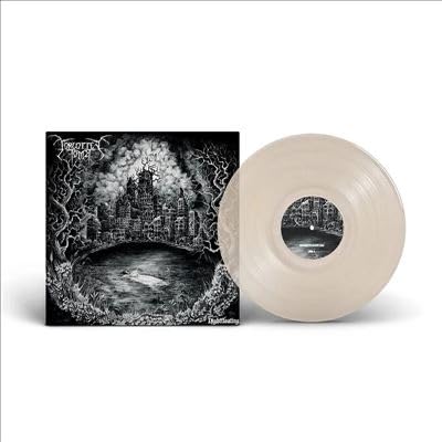 Vinyl record and album cover with a dark, detailed cityscape illustration.