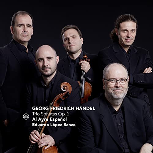 Five musicians with string instruments, album cover for Handel’s Trio Sonatas.