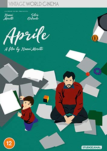 Aprile" DVD cover: man and child amidst scattered papers, teal background.