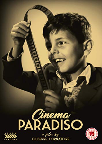 Cinema Paradiso DVD cover: boy holding filmstrip, sepia tone, text below.