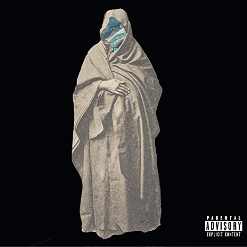 Hooded figure with blue face, black background, and parental advisory label.
