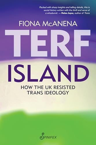 Book cover: "Terf Island" by Fiona McAnena, with bold purple and green text.