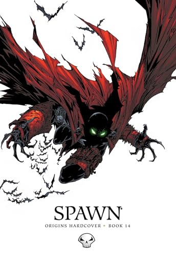 Spawn character with a long red cape and green eyes amidst flying bats.